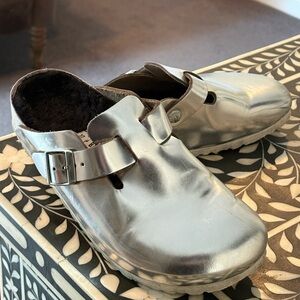 Birkenstock Silver Metallic Fur lined Clogs 37
